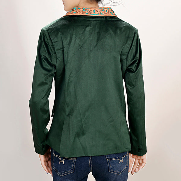 ADBZ024 Chic Fabric Blazer with Hand-Tooled Floral Leather Lapels & Collar