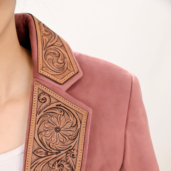 ADBZ025 Women's Pink Western Blazer with Hand-Tooled Harness Leather Trim