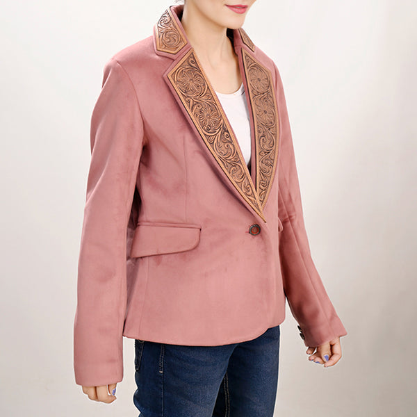 ADBZ025 Women's Pink Western Blazer with Hand-Tooled Harness Leather Trim
