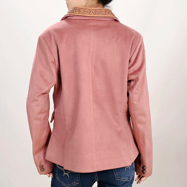 ADBZ025 Women's Pink Western Blazer with Hand-Tooled Harness Leather Trim