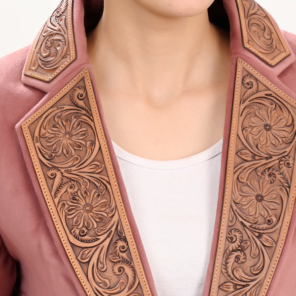 ADBZ025 Women's Pink Western Blazer with Hand-Tooled Harness Leather Trim