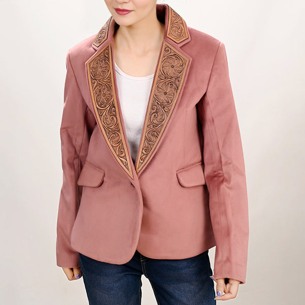 ADBZ025 Women's Pink Western Blazer with Hand-Tooled Harness Leather Trim