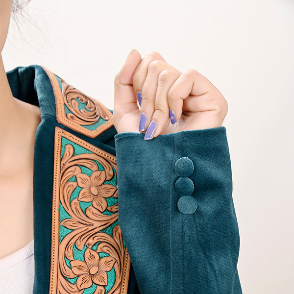 ADBZ027 Luxury Teal Fabric Western Blazer with Floral Harness Leather Trim