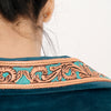 ADBZ027 Luxury Teal Fabric Western Blazer with Floral Harness Leather Trim
