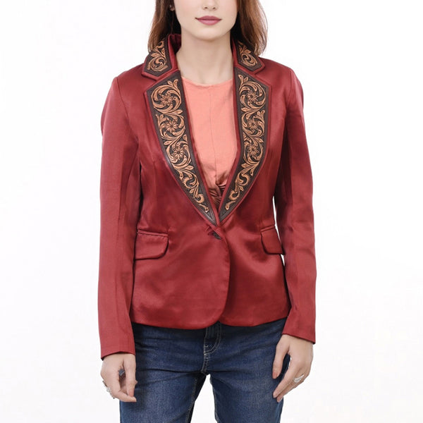 ADBZ028 Elegant Fabric Blazer Featuring Harness Leather Lapel Detailing