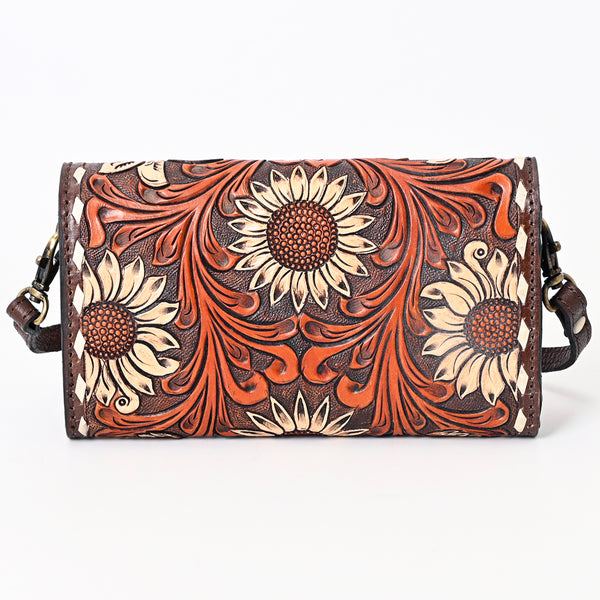 ADBGA379 Western Sunflower Tooled Leather Organiser Bag Handcrafted Floral Crossbody Wallet