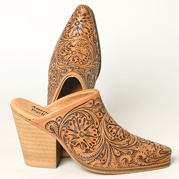LC-ADFT163 Women's Hand-Tooled Leather Mule Heels - American Darling Western Block Mules