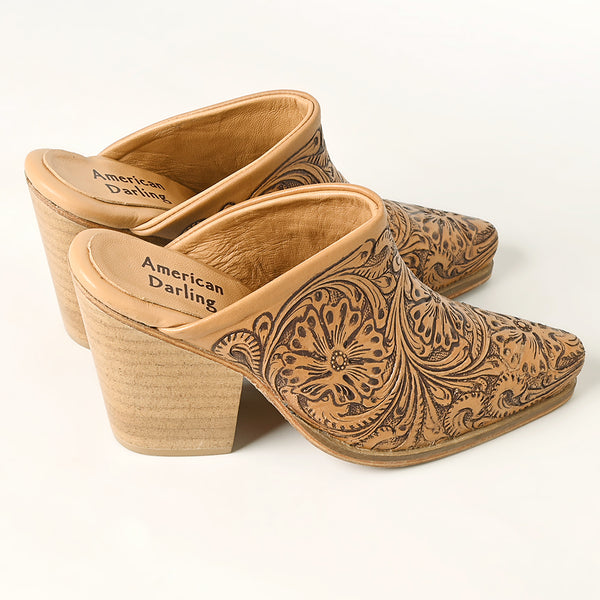 LC-ADFT163 Women's Hand-Tooled Leather Mule Heels - American Darling Western Block Mules