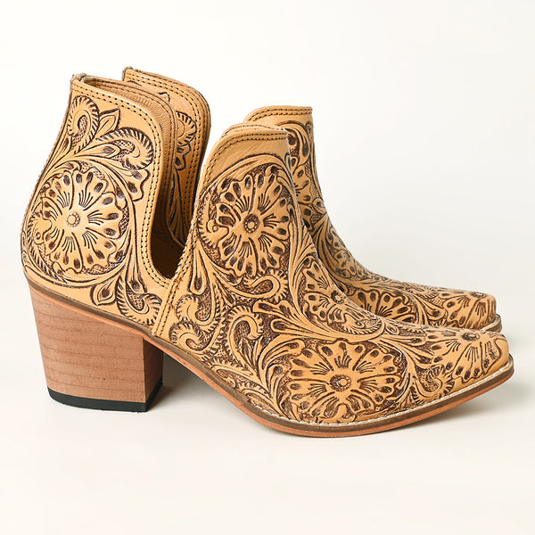 LC-ADFT165 Women's Tan Tooled Leather Western Ankle Boots - American Darling Cowgirl Booties
