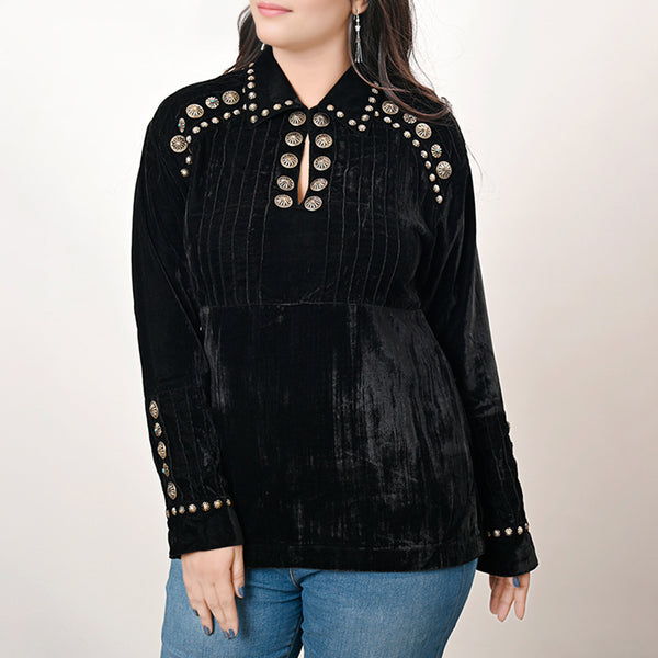 ADSH029 Women's Western Black Velvet Shirt Dress Tunic Ladies Girl Top with Antique Concho Accents