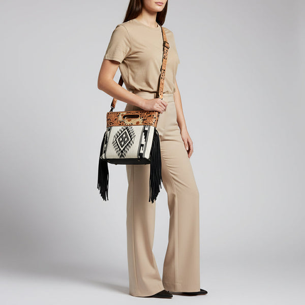 ADBGS146 Aztec Wool & Tooled Leather Shoulder Bag - Western Fringe Crossbody