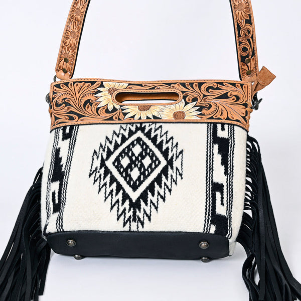 ADBGS146 Aztec Wool & Tooled Leather Shoulder Bag - Western Fringe Crossbody