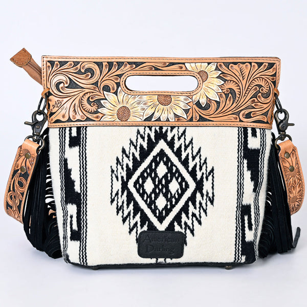 ADBGS146 Aztec Wool & Tooled Leather Shoulder Bag - Western Fringe Crossbody