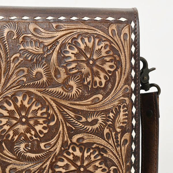 ADBGZ753 Square Hand Tooled Leather Crossbody Bag - Western Floral White Whipstitch Trim