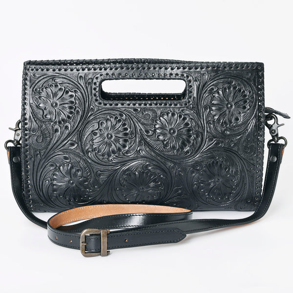 ADBGZ755B Black Hand Tooled Leather Clutch Wallet - Western Floral Cutout Handle Purse