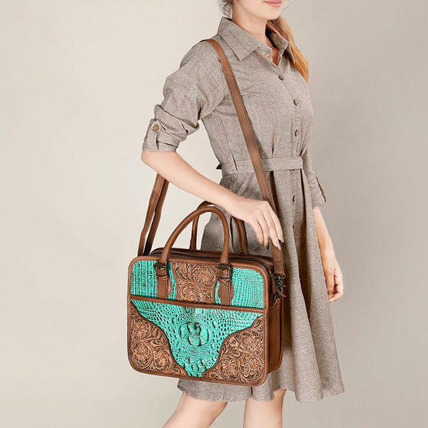 ADBG1183 American Darling Turquoise Crocdile Embossed & Hand Tooled Leather Briefcase Tote
