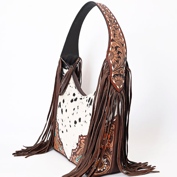 ADBGA390 American Darling Western Tooled Leather Fringe Hobo Bag with Cowhide and Turquoise Arrows