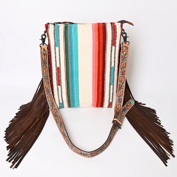ADBG298 American Darling Large Cross body Bag - Hand Tooled Floral Leather & Woven Saddle Blanket Purse