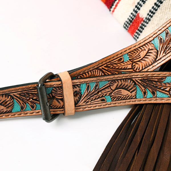 ADBG298 American Darling Large Cross body Bag - Hand Tooled Floral Leather & Woven Saddle Blanket Purse