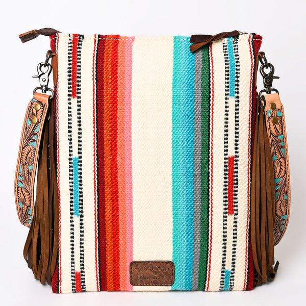 ADBG298 American Darling Large Cross body Bag - Hand Tooled Floral Leather & Woven Saddle Blanket Purse