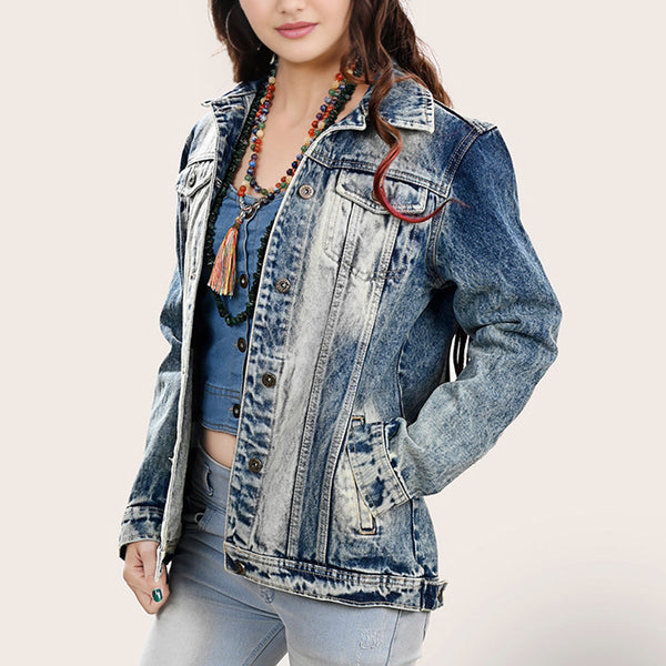 LC-ADJKT018 Tooled Leather Yoke Denim Jacket with Fringe