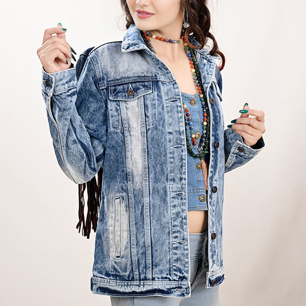 LC-ADJKT022 Bronc Rider Tooled Leather Denim Jacket - Fringe Western Style