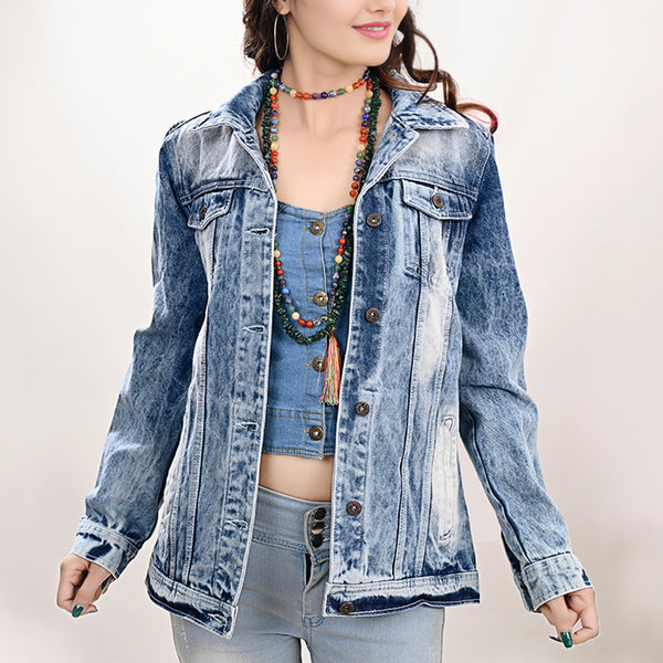 LC-ADJKT022 Bronc Rider Tooled Leather Denim Jacket - Fringe Western Style