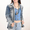 LC-ADJKT023 Tooled Leather Yoke Fringe Denim Jacket - Turquoise Trim Detail