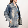 LC-ADJKT023 Tooled Leather Yoke Fringe Denim Jacket - Turquoise Trim Detail