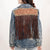 LC-ADJKT023 Tooled Leather Yoke Fringe Denim Jacket - Turquoise Trim Detail