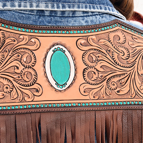 LC-ADJKT026 Turquoise Oval Tooled Leather Fringe Denim Jacket - Cowgirl Edition