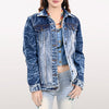 LC-ADJKT028 Women's Acid Wash Denim Jacket with Floral Hand-Tooled Leather Yoke & Fringe