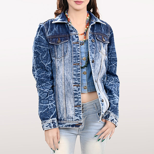 LC-ADJKT028 Women's Acid Wash Denim Jacket with Floral Hand-Tooled Leather Yoke & Fringe
