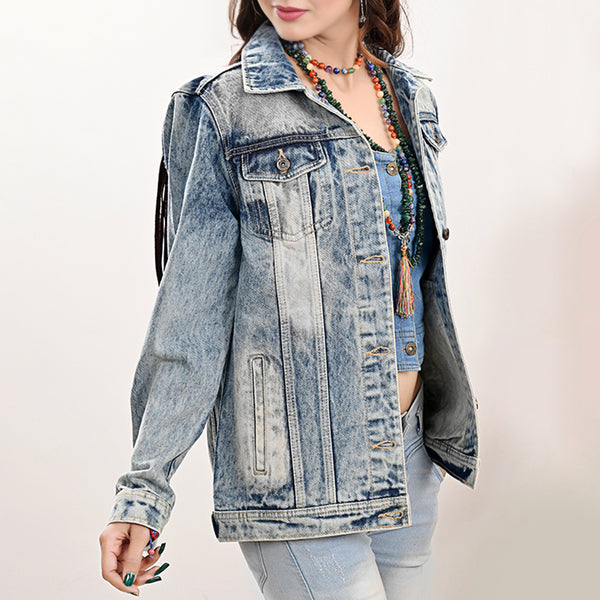 LC-ADJKT031 Women's Western Denim Jacket with Galloping Horse Tooled Leather Yoke & Fringe