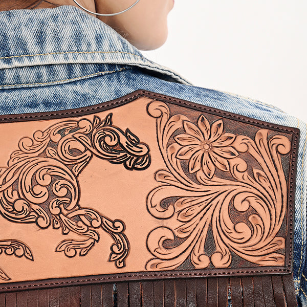 LC-ADJKT031 Women's Western Denim Jacket with Galloping Horse Tooled Leather Yoke & Fringe