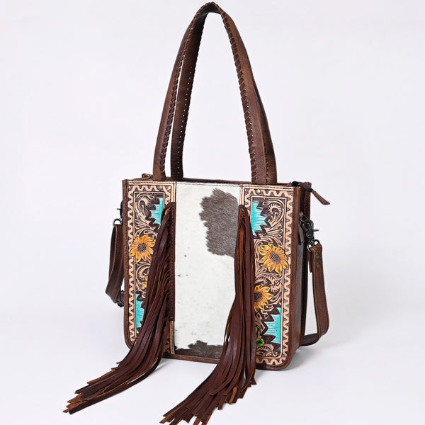 ADBG1086 American Darling Hair-on Cowhide Tote Bag with Hand-Tooled Leather and Fringes