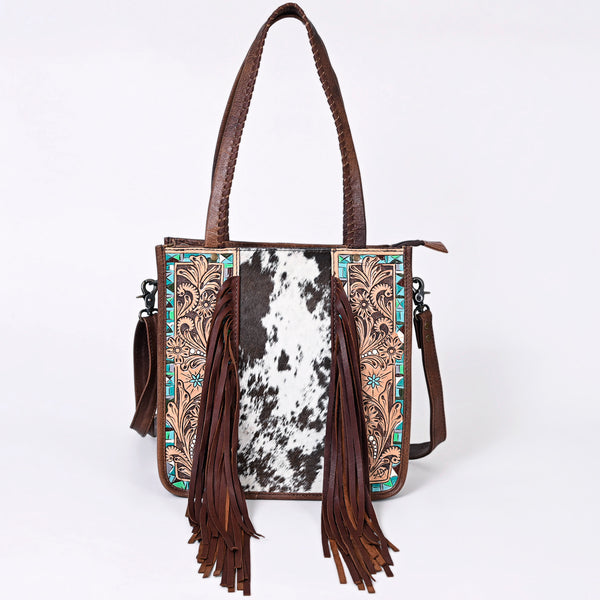 ADBG1086 American Darling Hair-on Cowhide Tote Bag with Hand-Tooled Leather and Fringes