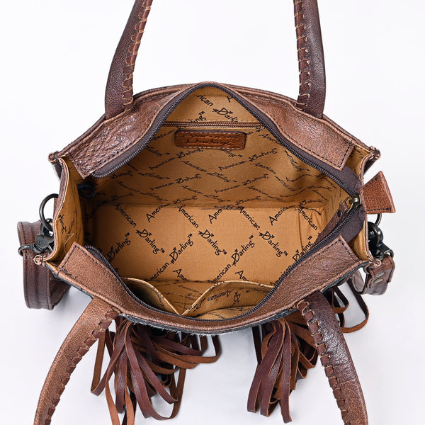 ADBG1086 American Darling Hair-on Cowhide Tote Bag with Hand-Tooled Leather and Fringes