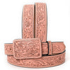 ADBLF218 Light Pink Hand-Tooled Leather Belt with Matching Floral Buckle