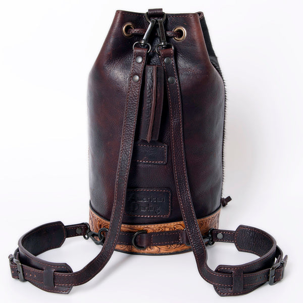 LC-ADBGZ743 Hair-On Cowhide & Tooled Leather Backpack - Western Drawstring Cowgirl Bag
