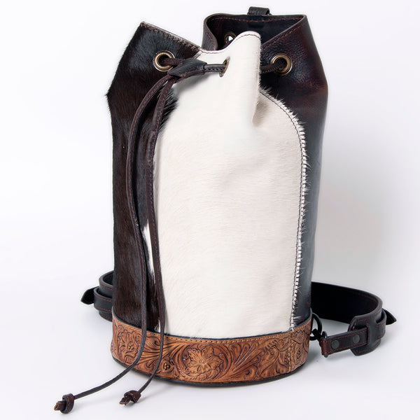 LC-ADBGZ743 Hair-On Cowhide & Tooled Leather Backpack - Western Drawstring Cowgirl Bag