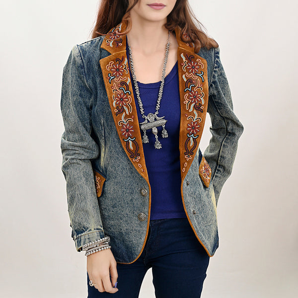 ADBZ029 Hand-Beaded Genuine Suede & Denim Western Blazer for Boho Style