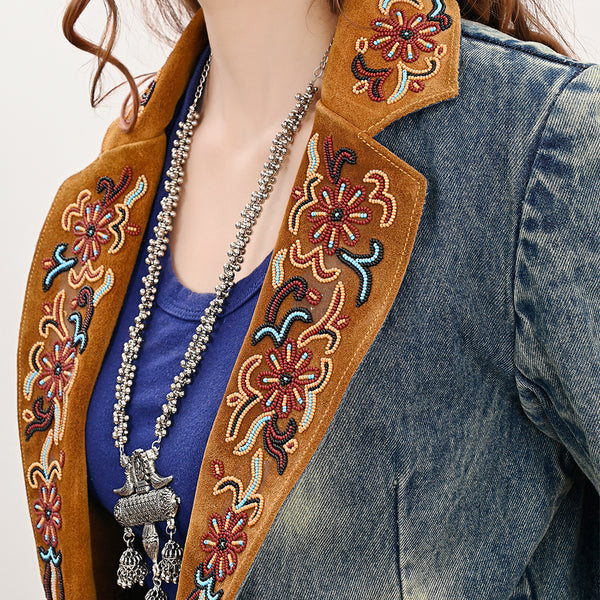 ADBZ029 Hand-Beaded Genuine Suede & Denim Western Blazer for Boho Style