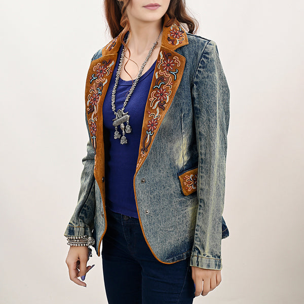 ADBZ029 Hand-Beaded Genuine Suede & Denim Western Blazer for Boho Style