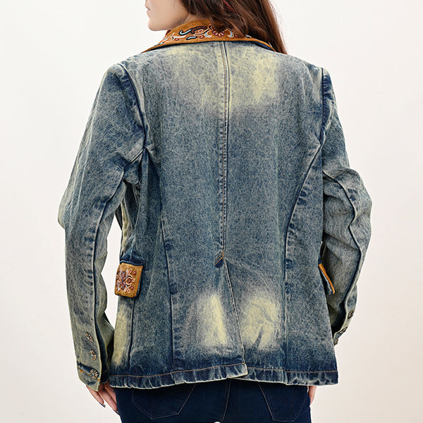 ADBZ029 Hand-Beaded Genuine Suede & Denim Western Blazer for Boho Style