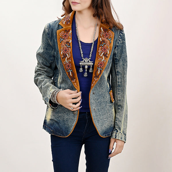 ADBZ029 Hand-Beaded Genuine Suede & Denim Western Blazer for Boho Style