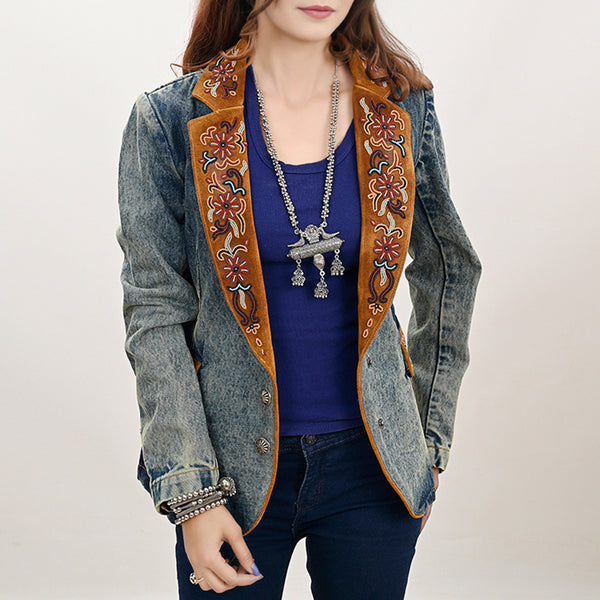 ADBZ029 Hand-Beaded Genuine Suede & Denim Western Blazer for Boho Style