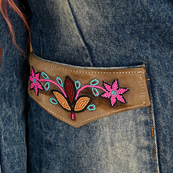 ADBZ030 Boho Western Denim Blazer with Beaded Genuine Suede & Fringe Back