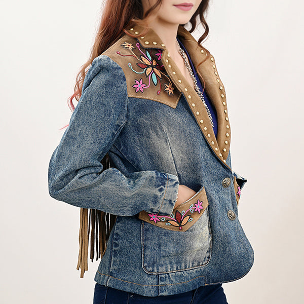 ADBZ030 Boho Western Denim Blazer with Beaded Genuine Suede & Fringe Back