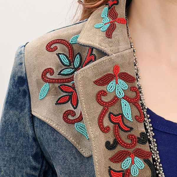 ADBZ031 Luxury Denim Blazer Featuring Multi-Color Beaded Genuine Suede Accents